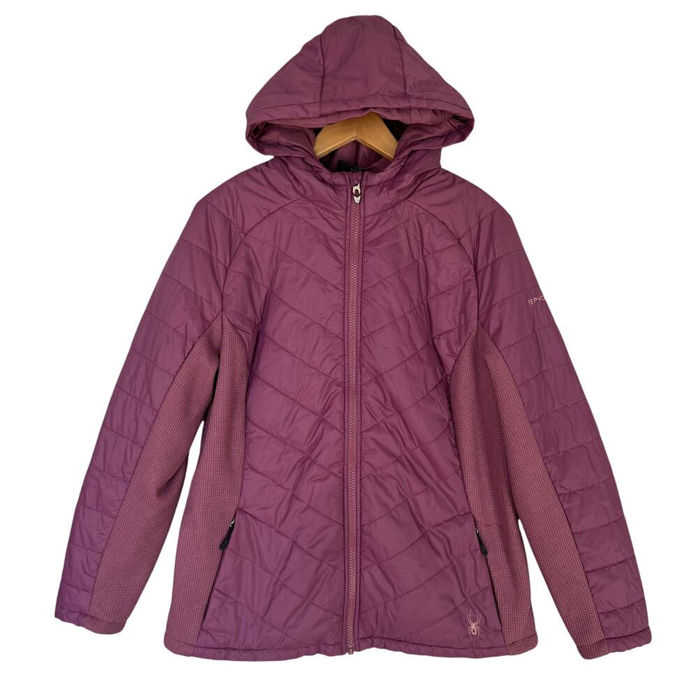 Spyder Jacket Women's Size L Purple Hooded Puffer Quilted Winter Full Zip Hybrid